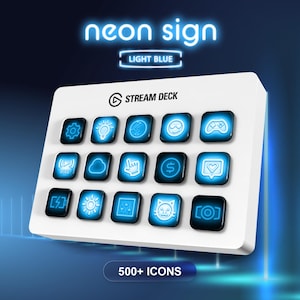 May include: A white Stream Deck with light blue neon-style icons and text. The top text reads "neon sign" and "light blue" below it. The bottom text reads "500+ ICONS". The icons include a gear, lightbulb, cloud, and heart.