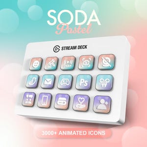 Puede incluir: Un Stream Deck blanco con iconos animados en colores pastel. Los iconos incluyen una carita sonriente, un micrófono, un símbolo de « en directo », una cámara, un pájaro, un sobre, un mando de videojuegos, un icono de Photoshop y más. También se ve el texto « SODA Pastel » y « 3000+ ANIMATED ICONS ».