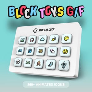 Könnte beinhalten: Ein weißes Stream Deck mit über 260 animierten Icons. Die Icons sind in einem Raster von 5 Reihen und 3 Spalten angeordnet. Die Icons sind bunt und beinhalten eine Vielzahl von Bildern, wie z. B. eine Wolke, einen Pinsel, eine Katze, einen Vogel und ein Feuer.
