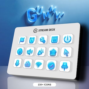 May include: A white Stream Deck with a blue and white logo and 15 blue icons. The text "GUMMY!" is in blue letters above the Stream Deck. The text "230+ ICONS" is below the Stream Deck.