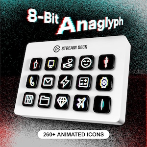 May include: A white Stream Deck with 260+ animated icons in an 8-Bit Anaglyph style. The icons are black and white and feature a variety of designs, including a star, a computer monitor, a heart, a smiley face, a phone, an envelope, a lightning bolt, a notepad, a gear, a grid, a folder, a diamond, and an airplane.