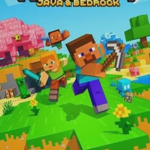 May include: Minecraft Java & Bedrock game cover art. The image features pixelated characters running across a green landscape. The title "Minecraft" is at the top, with "Java & Bedrock" below. The background includes trees, flowers, and a pink tree.