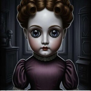 May include: Digital artwork of a doll with large blue eyes, wearing a purple dress and a crown. The doll has brown curly hair and a pale complexion. The text "The Glazed Observer" and the artist's name are at the bottom. The background is a dark room.