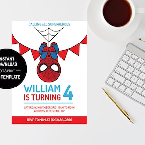 Spider-Man verjaardagsuitnodiging, elke leeftijd, dubbele verjaardag, Drive by Parade, Spiderman Party, superheld, blauw, rood, bewerkbare PDF-uitnodiging