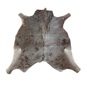 May include: A cowhide rug with a natural, mottled pattern in shades of gray and brown. The hide has a soft, textured appearance and a unique shape, with the head and legs of the animal still attached. The rug is suitable for home decor.