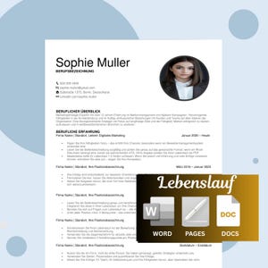 Puede incluir: Una plantilla de currículum vitae con el nombre "Sophie Muller" y la información de contacto. El documento incluye secciones para la experiencia profesional y las habilidades. Los iconos de Word, Pages y Docs están en la parte inferior.