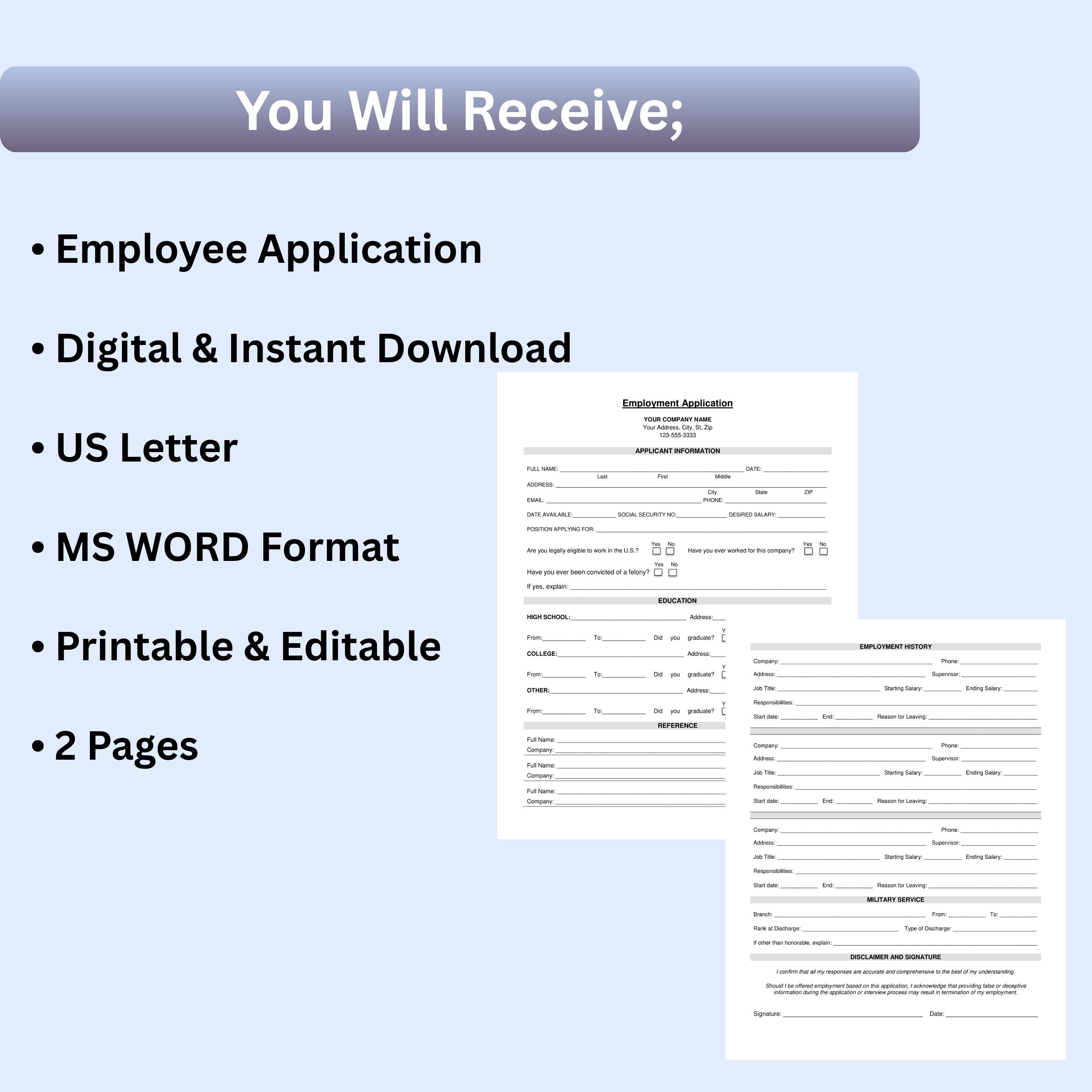 Printable Employee Application Template: Editable HR Form (word Files ...