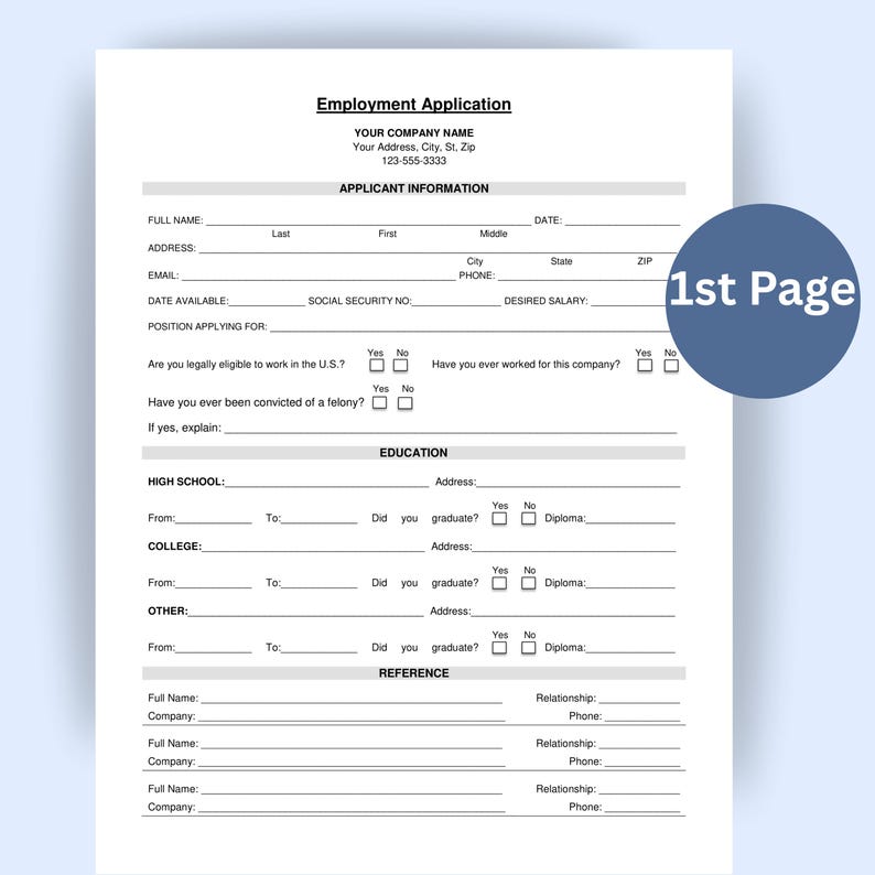 Printable Employee Application Template: Editable HR Form (word Files ...