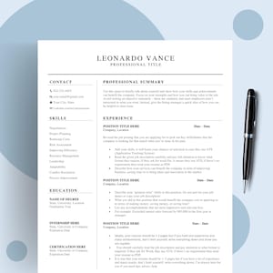 May include: A resume template with the name "LEONARDO VANCE" at the top. The document includes sections for contact information, skills, education, and experience. A black pen rests on the right side of the page.