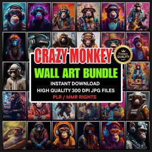 以下が含まれることがあります： 様々な衣装とシチュエーションの擬人化された猿を描いたデジタルアートプリントのコレクション。ヘッドホンをつけたり、スーツを着たり、楽器を演奏したりする猿のイラストが含まれています。「CRAZY MONKEY WALL ART BUNDLE」の文字が表示されています。