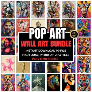 Op de afbeelding: Een verzameling pop-art muurkunst prints met verschillende onderwerpen, waaronder portretten en dieren. De prints zijn levendig en kleurrijk, met een verscheidenheid aan stijlen. De tekst "POP-ART WALL ART BUNDLE" staat in het midden.