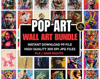 Può includere: Una collezione di stampe artistiche murali pop art con vari soggetti, tra cui ritratti e animali. Le stampe sono vivaci e colorate, con una varietà di stili. Il testo "POP-ART WALL ART BUNDLE" è visualizzato al centro.