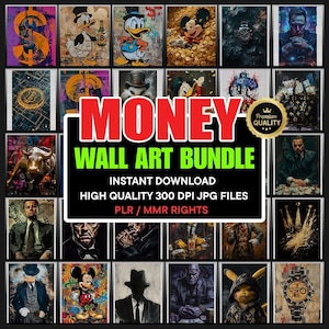 Könnte beinhalten: Eine Sammlung von Wandkunst-Drucken mit verschiedenen Themen, darunter Porträts, Zeichentrickfiguren und Luxusartikel. Das zentrale Bild zeigt den Text "MONEY WALL ART BUNDLE" mit Produktinformationen.