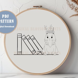 Floral Cat Hand Embroidery Pattern: Botanical Design (PDF)