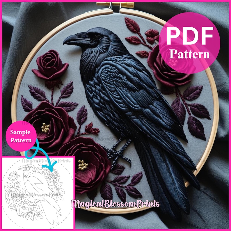 Raven Hand Embroidery Pattern Pdf-fall Embroidery Template-flowers Crow ...