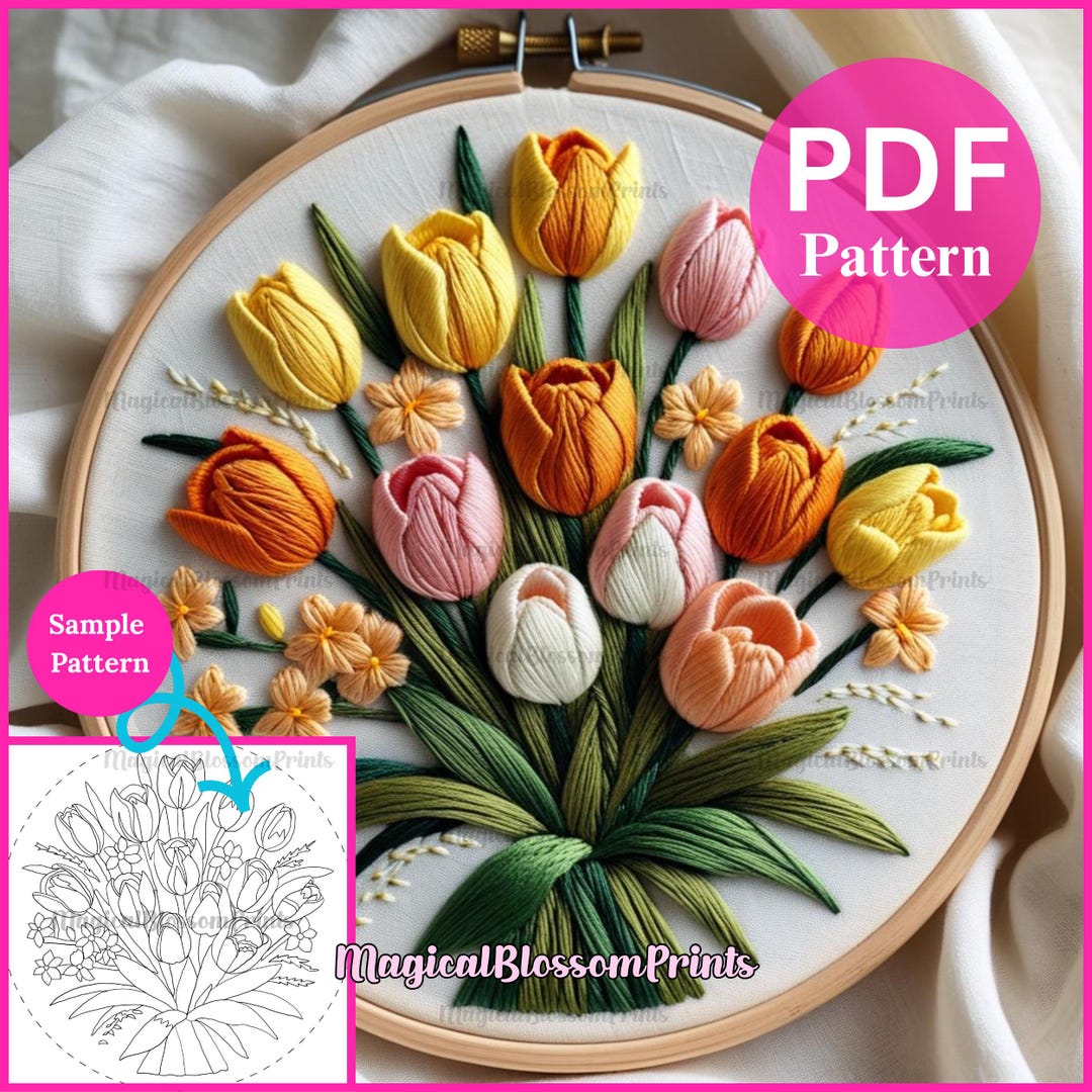 Tulip Bouquet Hand Embroidery Pattern PDF | Beginner DIY Tulip ...