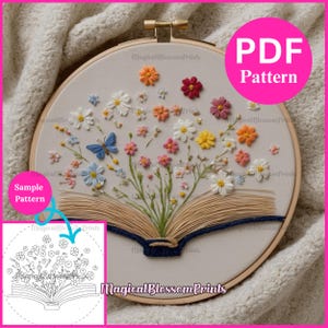 Puede incluir: Un bastidor de bordado con un diseño de libro abierto, bordado con flores coloridas y una mariposa azul. El texto "PDF Pattern" está en un círculo rosa. El texto "Sample Pattern" está en un círculo azul. El texto "Magical Blossom Prints" está en la imagen.