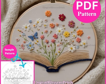 Peut inclure: Un cercle à broder avec un motif de livre ouvert, brodé de fleurs colorées et d'un papillon bleu. Le texte "PDF Pattern" est dans un cercle rose. Le texte "Sample Pattern" est dans un cercle bleu. Le texte "Magical Blossom Prints" est dans l'image.