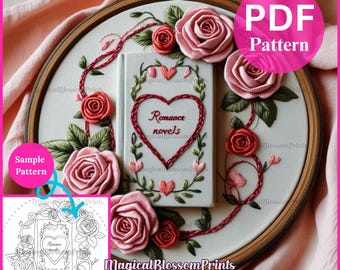 Book Hand Embroidery Pattern For Romance PDF, Gift For Book Lover, Floral Book Pattern, Antique  Hoop Art, Bookish Embroidery Template DIY