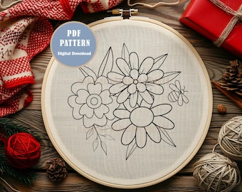 Patrón de bordado a mano de flores, diseño de bordado divertido, bordado floral natural, patrón de bordado botánico, bonito patrón de bordado floral en PDF
