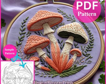 Cottagecore Mushroom Hand Embroidery Template PDF, Forest Printable Embroidery, Magic Mushroom Embroidery Design, Botanical Embroidery Hoop