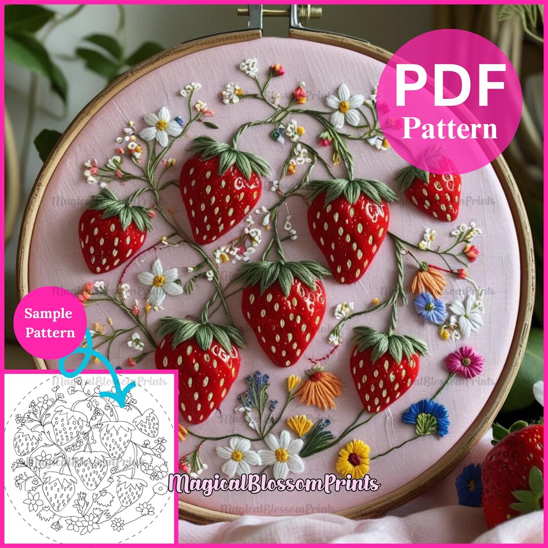 Strawberry Hand Embroidery Pattern PDF, Farmhouse Decor Design ...