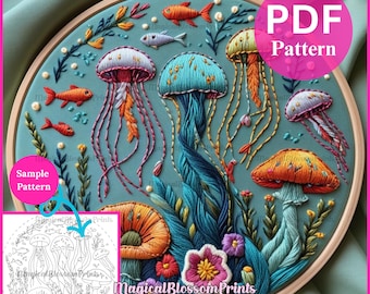 May include: An embroidered hoop art piece featuring an underwater scene with colorful jellyfish, fish, and coral. The design includes the text "PDF Pattern" and "Sample Pattern". The artwork is set against a teal background.