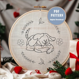 Dog & Floral Hand Embroidery Pattern: Spring Animal Design (PDF Pattern)