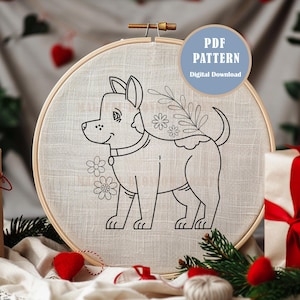 Dog & Floral Hand Embroidery Pattern: Spring Animal Design (PDF Pattern)