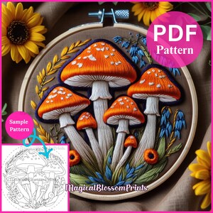 May include: An embroidered mushroom design in an embroidery hoop. The mushrooms have orange caps with white spots and white stems. The text "PDF Pattern" is visible. The words "Sample Pattern" and "Magical Blossom Prints" are also visible.