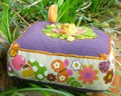 Pincushion - Large Felt Vintage Print Pin Pillow - Flower Pincushion - Butterflies and Bugs Pincushion - Purple and Orange Mod Sixties Print
