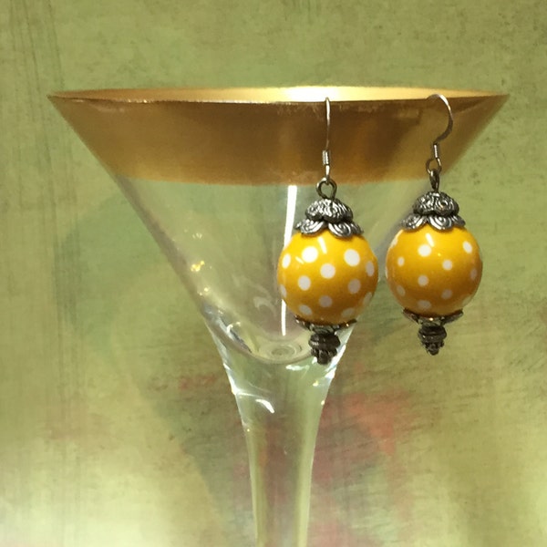 Yellow Dangle Earrings - Yellow Polka Dot Earrings - Upcycled Bead Earrings - Big Bauble Earrings - Retro Earrings - Black Friday Sale