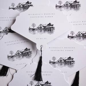 Éventails en papier de mariage personnalisés noir et blanc, Éventails de mariage imprimés, Éventails avec glands, Cadeaux de mariage, Itinéraire de mariage, Éventail personnalisé