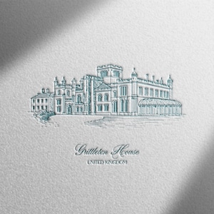 May include: A detailed teal line drawing of Grittleton House, a stately building in the United Kingdom, is centered on a textured white background. The illustration includes architectural details such as turrets, arched windows, and a glass conservatory. The text "Grittleton House" and "United Kingdom" are below the drawing.
