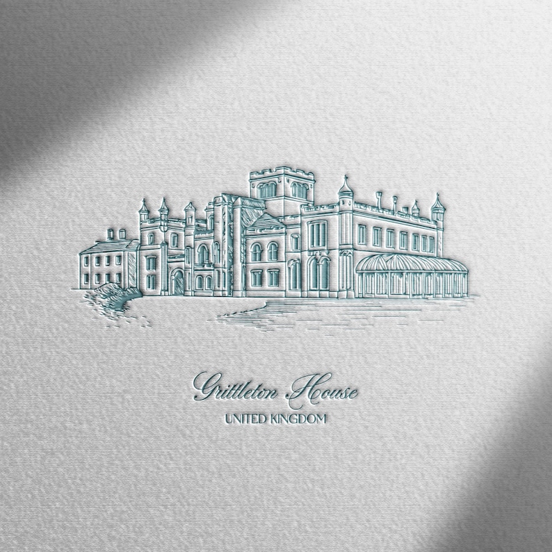 May include: A detailed teal line drawing of Grittleton House, a stately building in the United Kingdom, is centered on a textured white background. The illustration includes architectural details such as turrets, arched windows, and a glass conservatory. The text "Grittleton House" and "United Kingdom" are below the drawing.