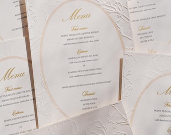 Ivory Embossed Wedding Menu Cards with name tags | Personalized Menu | Wedding Stationery | Thank you cards