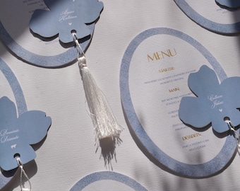 French Inspired Oval Blue Menus | Name Tags | Wedding Stationery | Gold Engraving | Oval Shaped