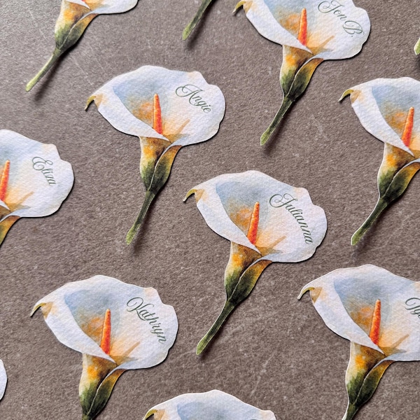 Etiquetas con nombre de flor de lirio de cala / Etiqueta personalizada / Papelería de boda / Etiquetas con nombre.