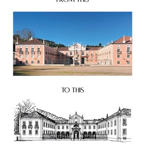 May include: Image showing a comparison of a building. The top half displays a color photograph of a pink building under a blue sky. The bottom half shows a black and white line drawing of the same building.