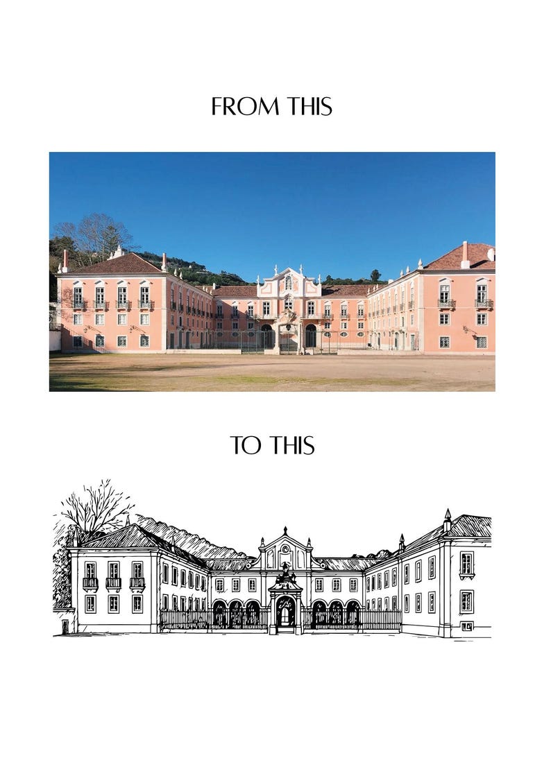 May include: Image showing a comparison of a building. The top half displays a color photograph of a pink building under a blue sky. The bottom half shows a black and white line drawing of the same building.