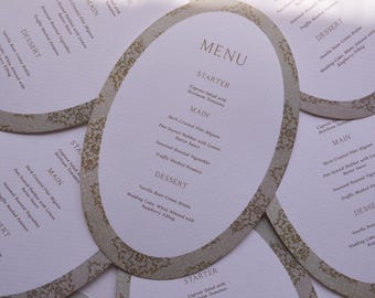 Oval Green Thick Textured Wedding Menu Cards with thank you note | Personalized Front Menu & Back | Wedding Stationery | Thank you cards