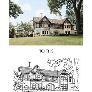 May include: A two-part image showing a stately building. The top half displays a color photograph of the building with a green lawn and trees. The bottom half is a black and white line drawing of the same building, with the text "Callanwolde Fine Arts Center".