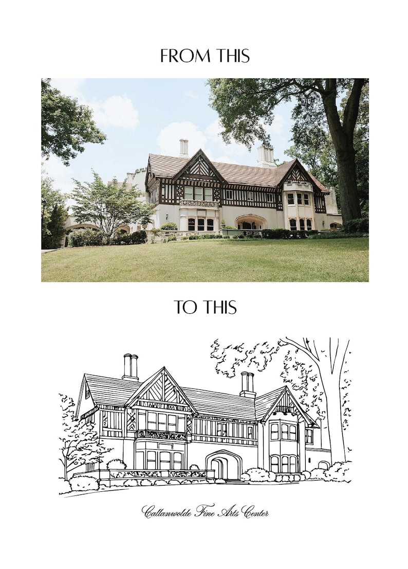 May include: A two-part image showing a stately building. The top half displays a color photograph of the building with a green lawn and trees. The bottom half is a black and white line drawing of the same building, with the text "Callanwolde Fine Arts Center".