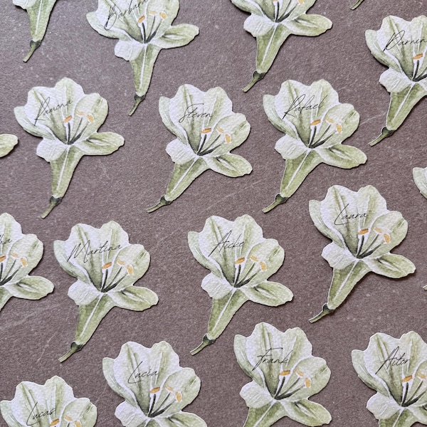 Green Lily Flower Name Tags | Personalized Tag | Wedding Stationery | Name Tags.