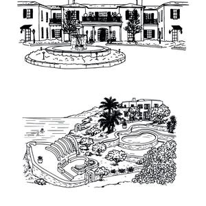 May include: Black and white line art illustration of two architectural scenes. The top image depicts a large building with a fountain in front. The bottom image shows a coastal landscape with a pool and buildings. Text at the bottom reads "Cycladic Gem, Ios."