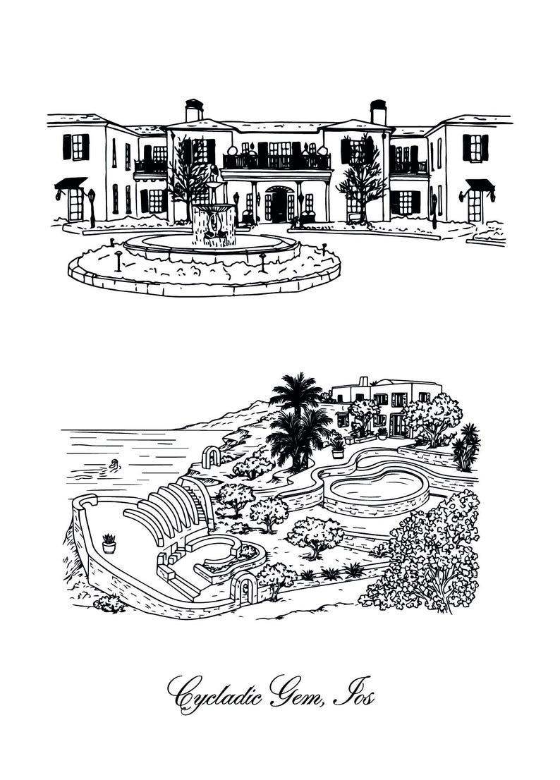 May include: Black and white line art illustration of two architectural scenes. The top image depicts a large building with a fountain in front. The bottom image shows a coastal landscape with a pool and buildings. Text at the bottom reads "Cycladic Gem, Ios."