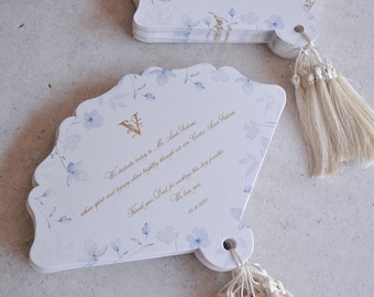 Blue Floral Wedding Paper fans with gold foil engraving, Printed Wedding Fans, Fans with tassels, Wedding Favors,