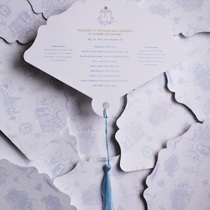Wedding Program Blue Toile Wedding Paper fans, Printed Wedding Fans, Fans with tassels, Wedding Favors, Wedding itinerary, Custom Hand Fan