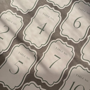 Könnte beinhalten: Eine Sammlung eleganter Tischnummern. Jede Karte hat einen wellenförmigen Rand, einen hellgrünen Rahmen und eine passende grüne Nummer von 1 bis 10. Der Text "TABLE NO." ist oben auf jeder Karte aufgedruckt. Ideal für Hochzeiten.
