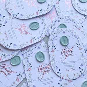 Tarjetas de agradecimiento florales, tarjetas de boda, troquelado ovalado personalizado, diseño de invitaciones, tarjeta para guardar la fecha, tarjeta sellada con cera